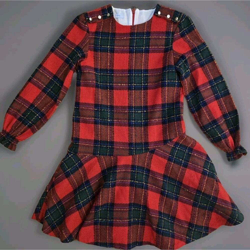 FOQUE Red Tartan Holiday Christmas‎ Dress Plaid Red Green Wool Blend Size 8...